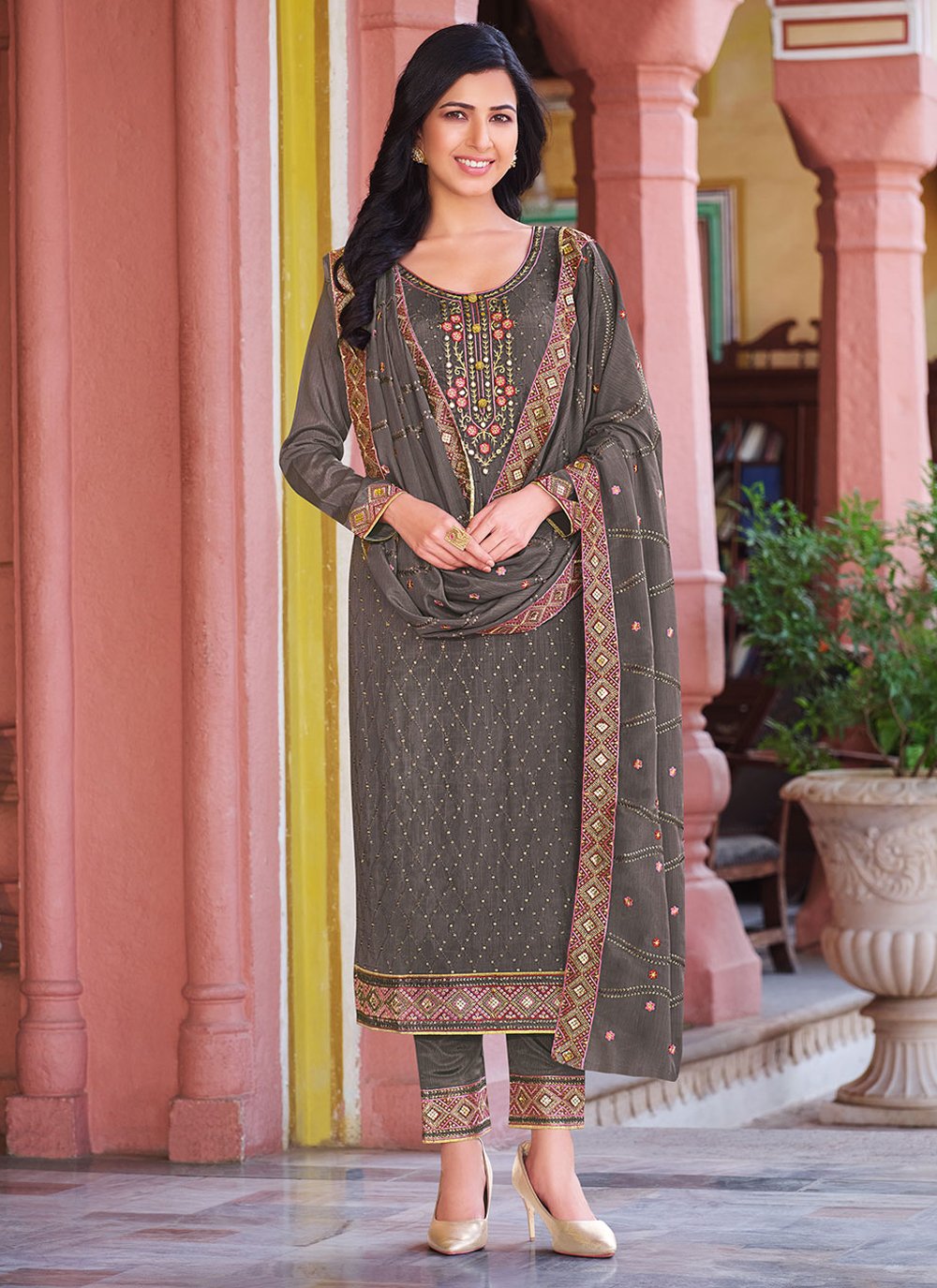 Grey Embroidered Straight Salwar Suit