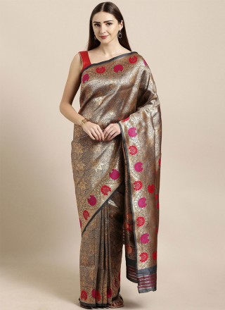 Grey Kanjivaram Silk Weaving Traditional Designer Saree