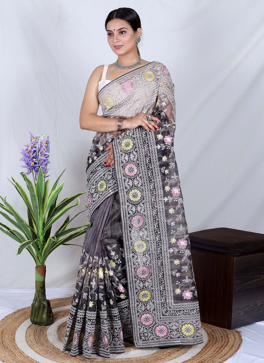 Buy Thistle Purple Stone Embroidered Lace Saree Online | Samyakk