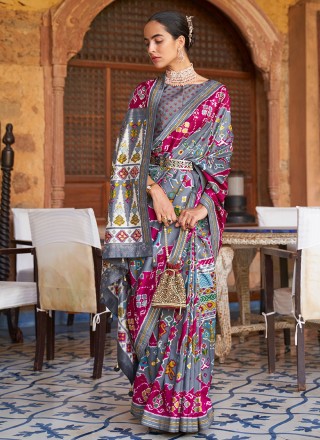 Grey Patola Silk  Weaving Traditional Saree