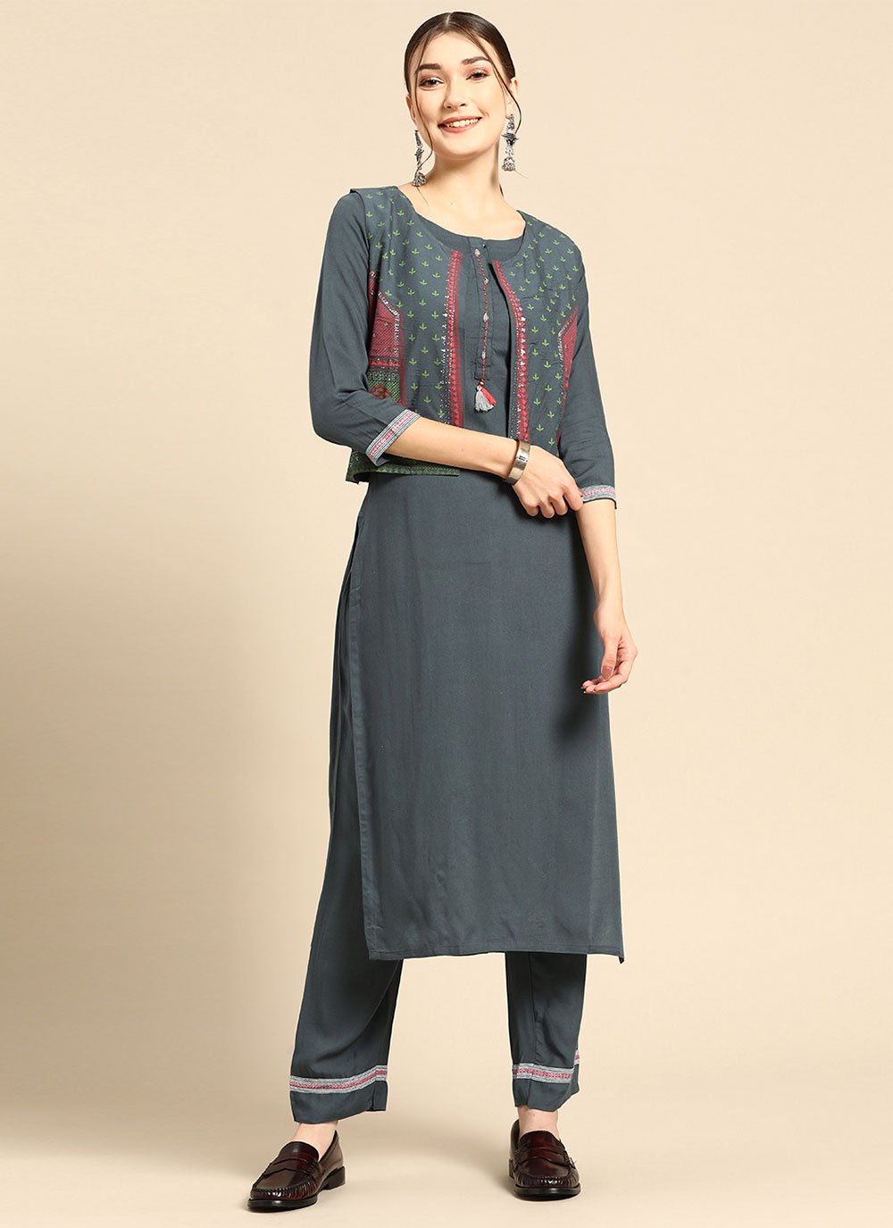 Buy Dark Grey Rayon Daily Wear Embroidery Work Kurti With Pant Online From  Wholesale Salwar.