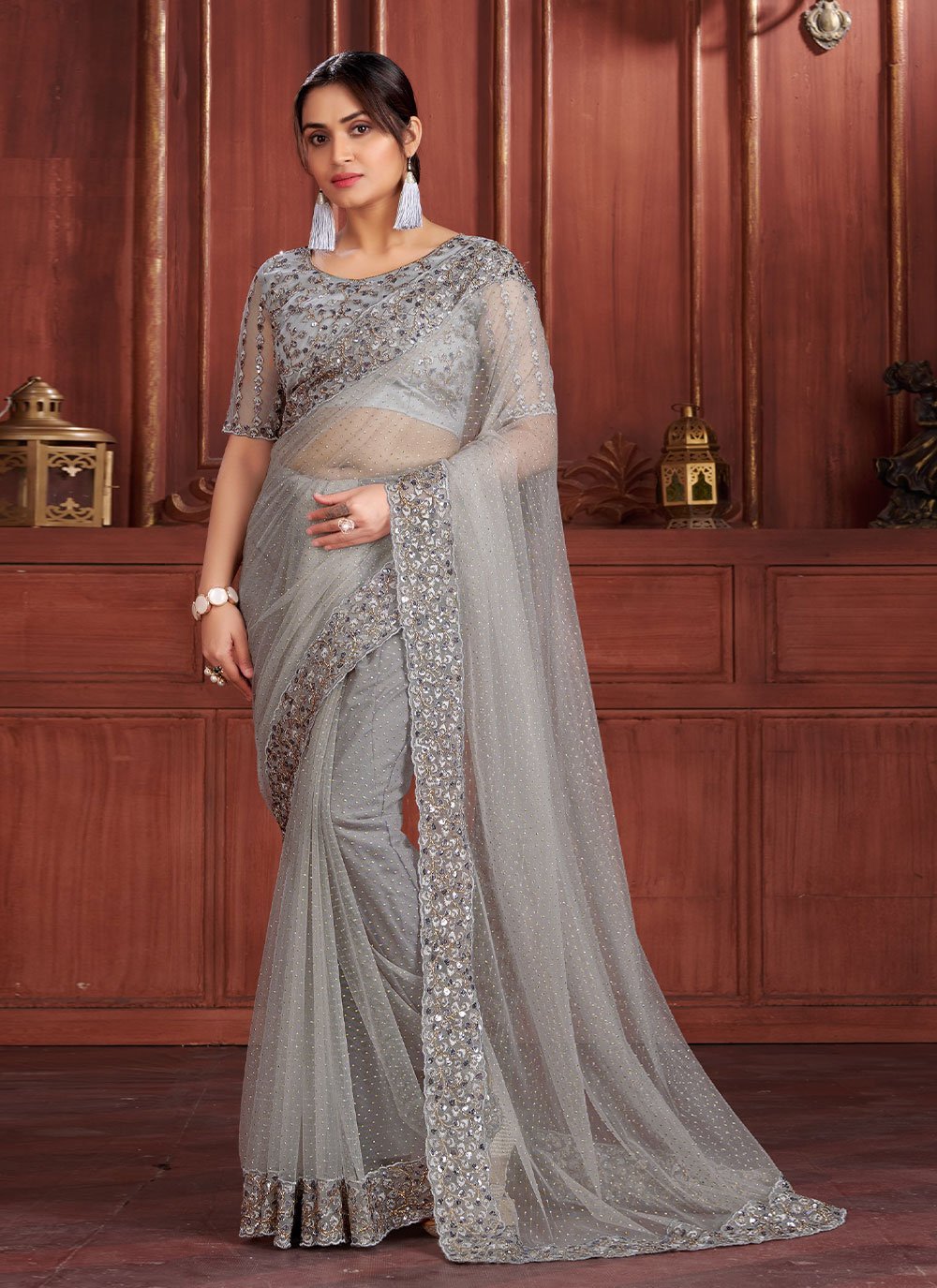 Grey Wedding Net Contemporary Saree