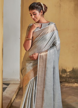 Grey Woven Banarasi Silk Traditional Designer Saree