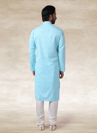 Handloom Cotton Aqua Blue Printed Kurta Pyjama