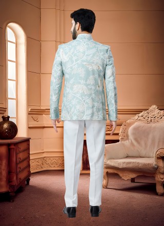 Handloom Cotton Blue Sequins Jodhpuri Suit