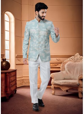 Handloom Cotton Blue Sequins Jodhpuri Suit