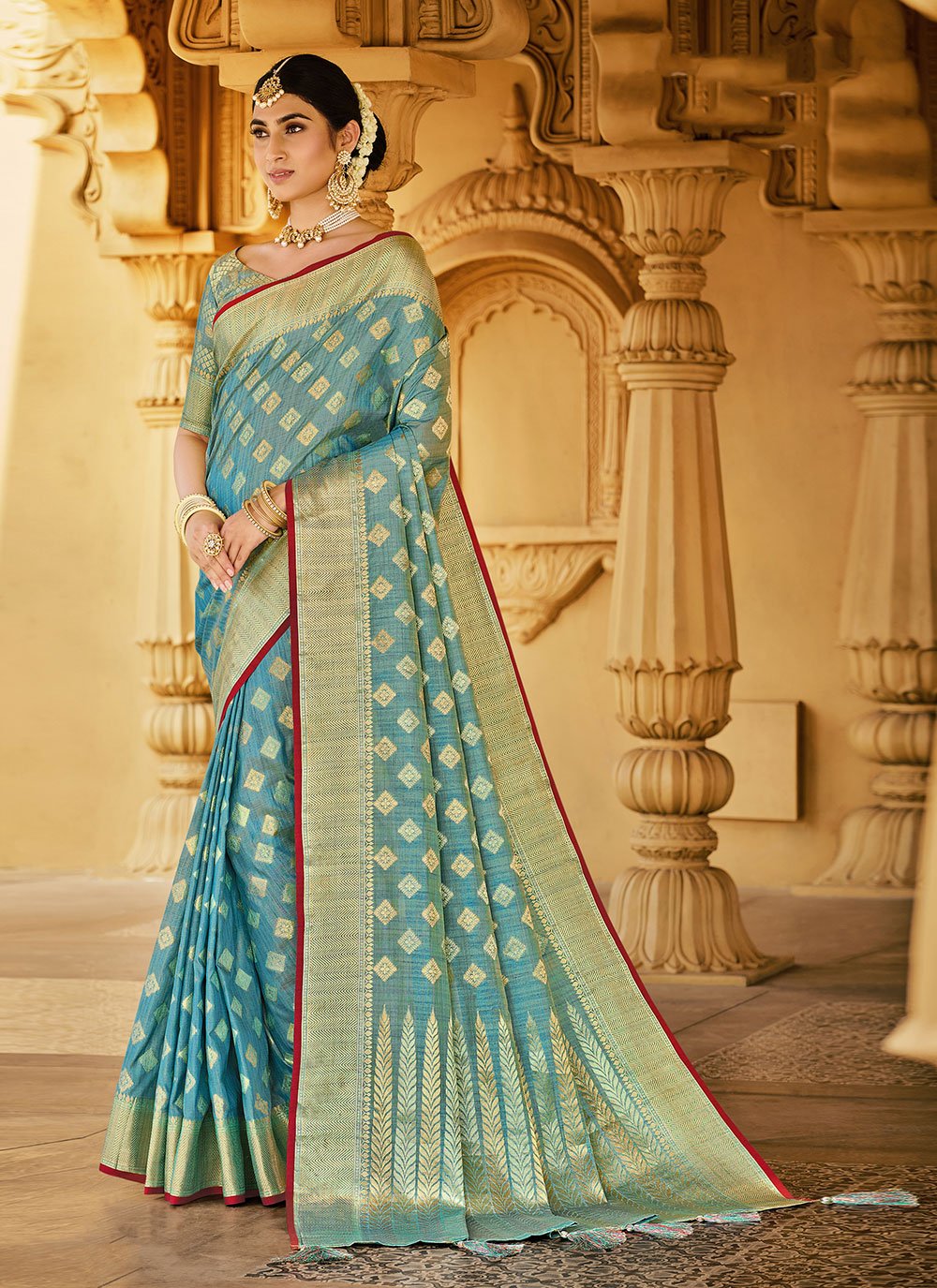 Handloom Cotton Blue Weaving Traditional Designer Saree