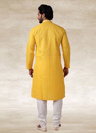 Handloom Cotton Printed Kurta Pyjama in Yellow