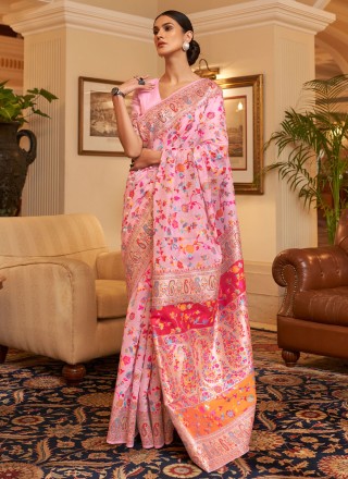 Handloom silk Pink Contemporary Style Saree
