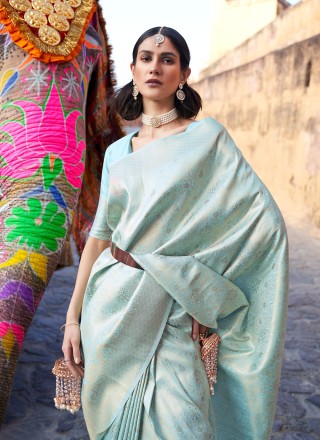 Handloom silk Turquoise Traditional Saree