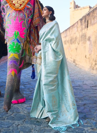 Handloom silk Turquoise Traditional Saree