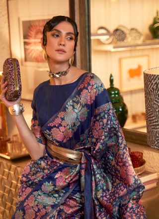 Handloom silk Weaving Blue Designer Saree