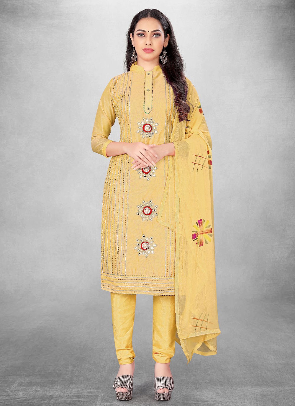 Handwork Cotton Salwar Kameez in Yellow