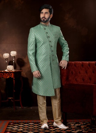 Handwork Fancy Fabric Sherwani in Green