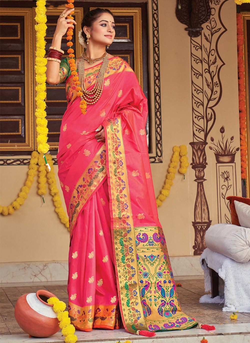 Hot Pink Weaving Traditional Saree