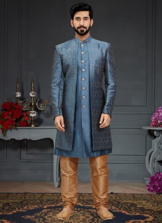Imported Jacquard Work Indo Western in Navy Blue