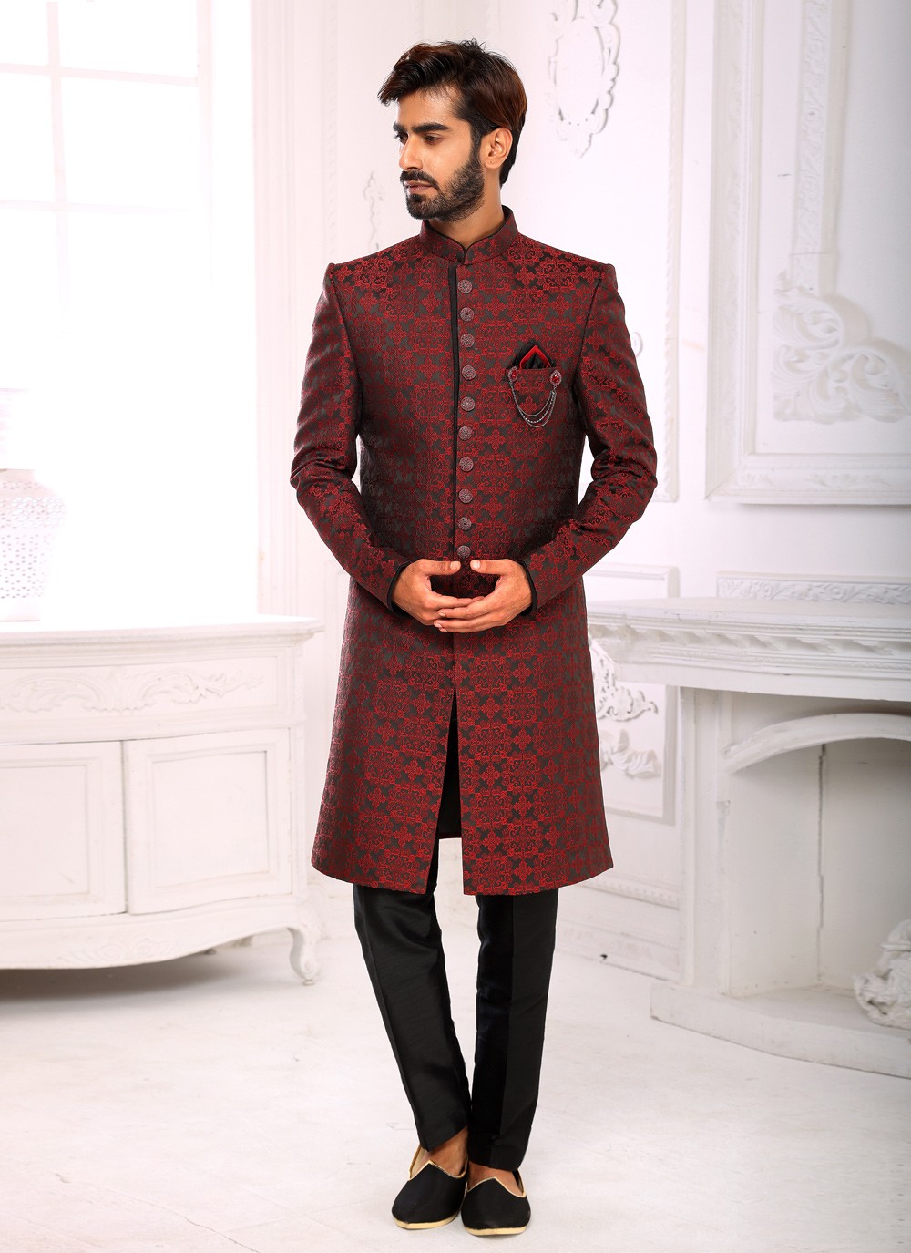 Buy Online Imported Jacquard Work Indo Western Sherwani in Maroon ...