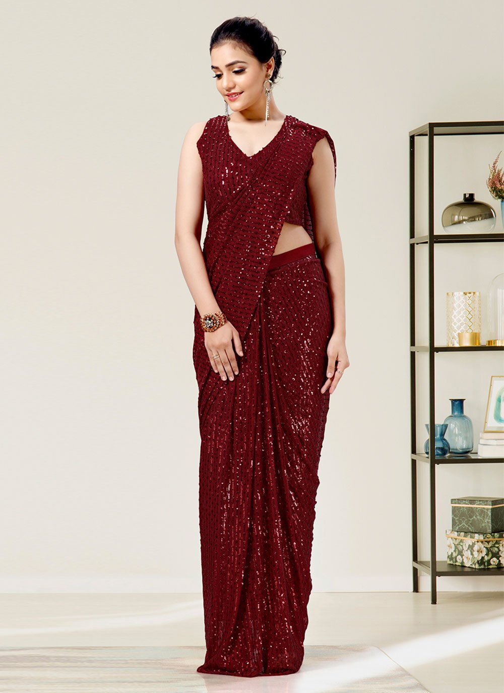 Buy Odette Red Designer Sequin Saree with Unstitched Blouse online