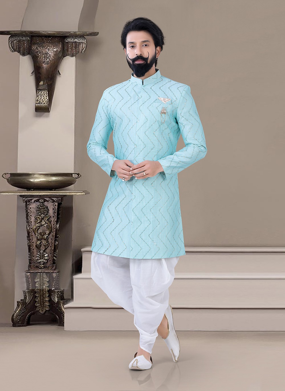 Shop Online Indo Western Sherwani Embroidered Art Silk in Turquoise :  232151 - New Arrivals