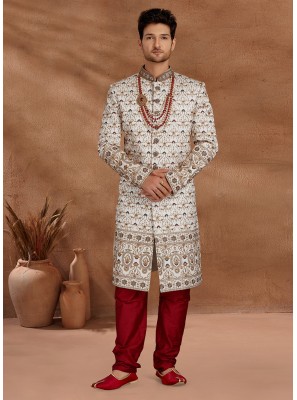 Indo Western Sherwani Embroidered Fancy Fabric in Off White