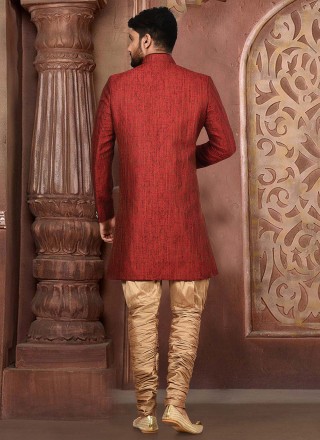 Indo Western Sherwani Fancy Jamawar in Red