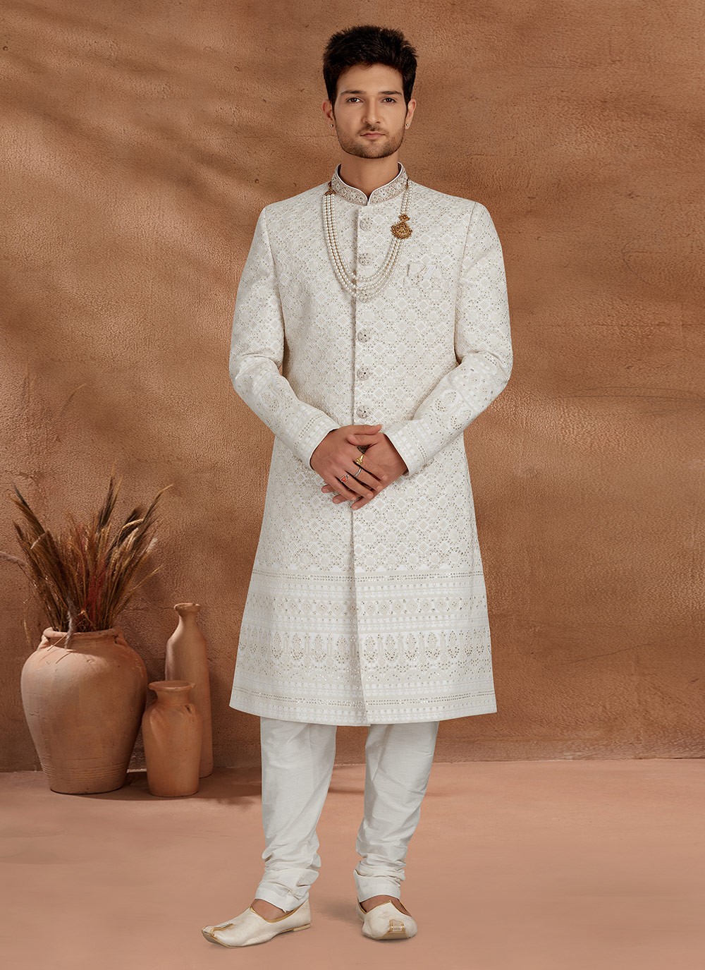 Indo Western Sherwani Fancy Lucknowi in Cream buy online