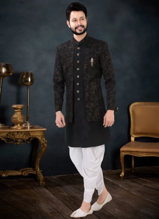 Indo Western Sherwani Jacquard Work Silk in Black
