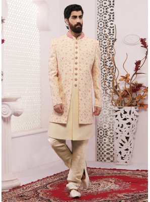 Jacket Style Thread Work Art Banarasi Silk in Cream
