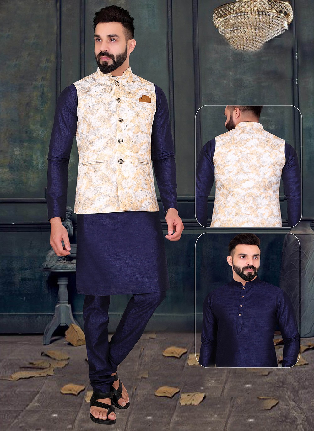 Jacquard Embroidered Kurta Payjama With Jacket in Multi Colour and Navy Blue