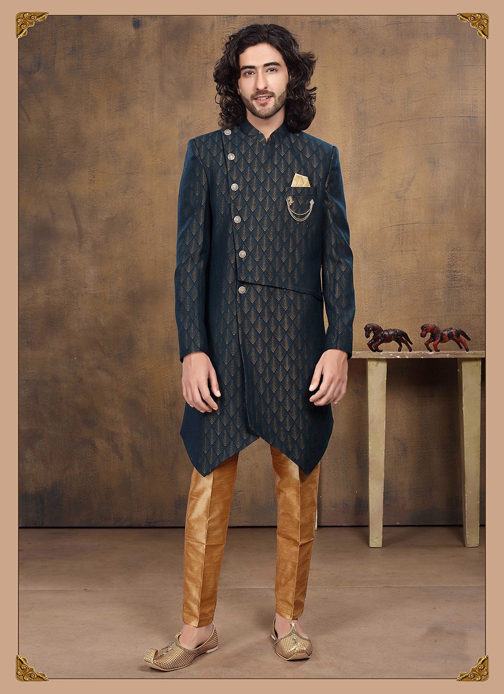 Jacquard Embroidered Navy Blue Indo Western