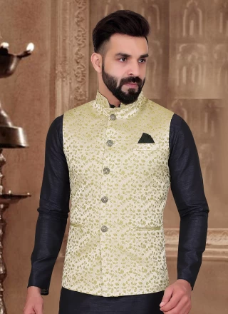Jacquard Embroidered Nehru Jackets in Beige
