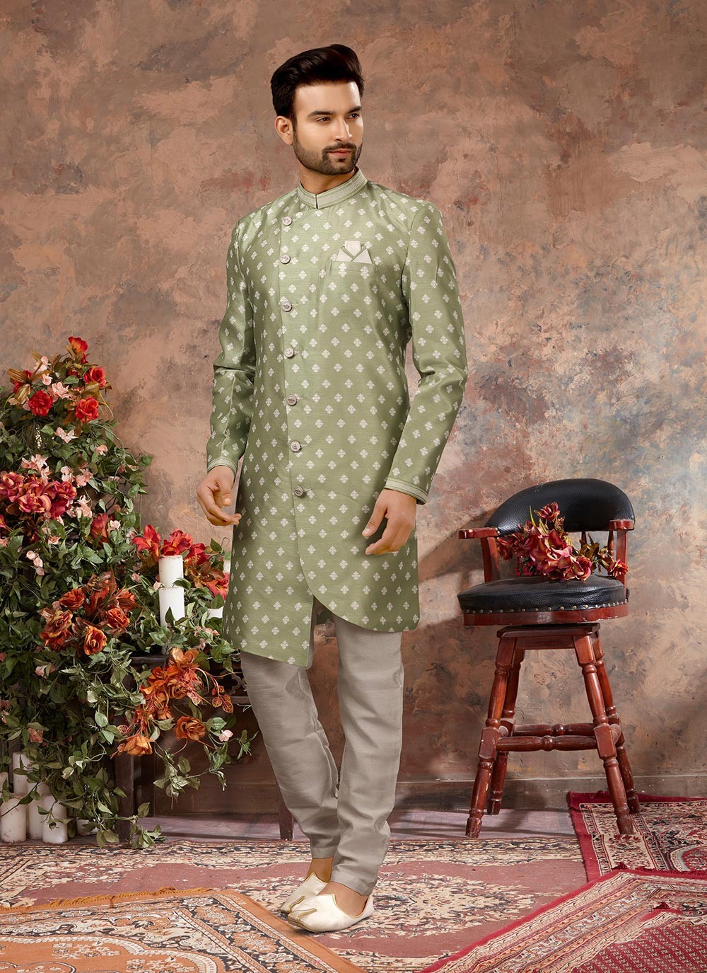 Green indo western on sale sherwani