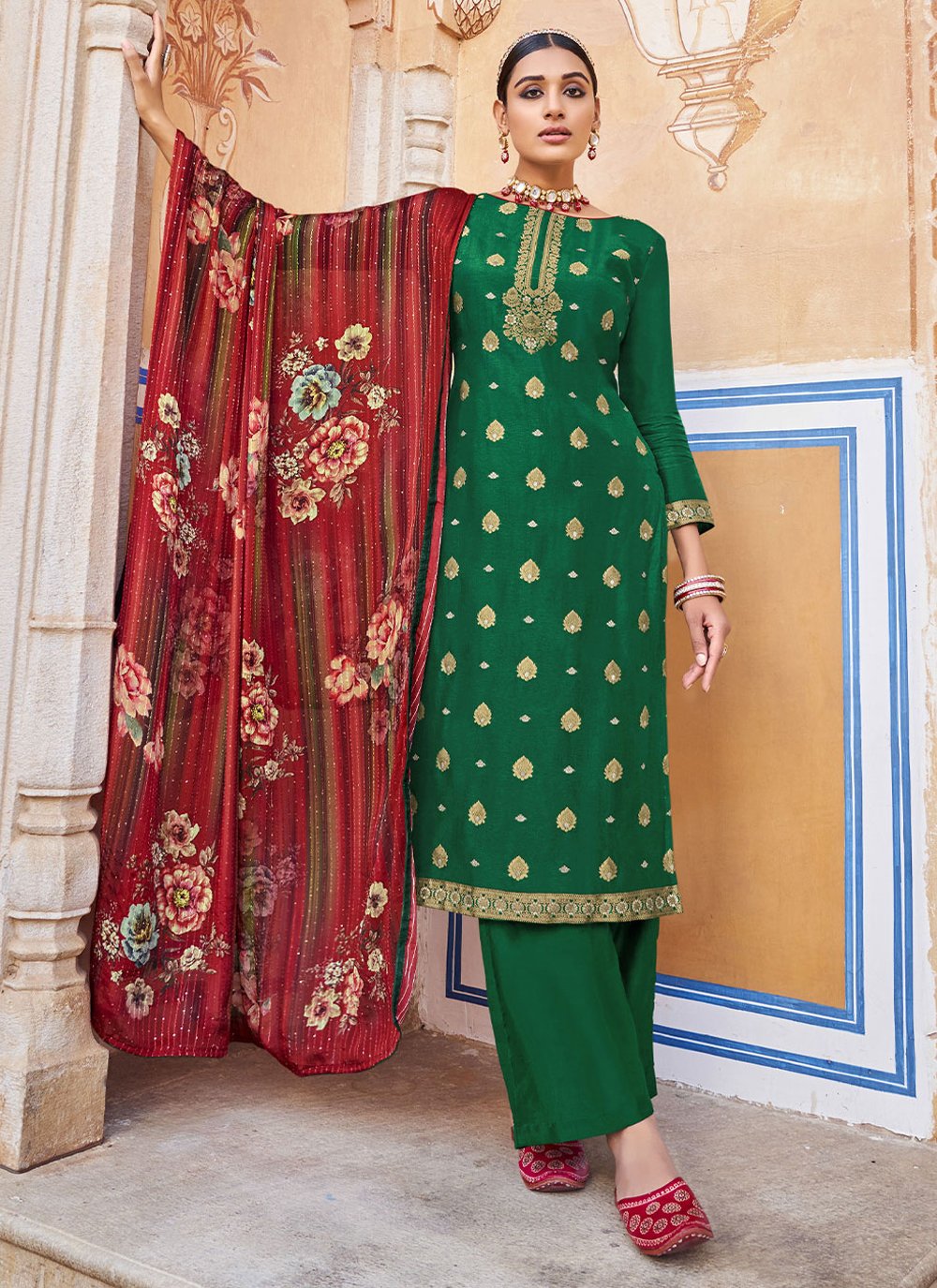 Jacquard Green Zari Straight Salwar Suit
