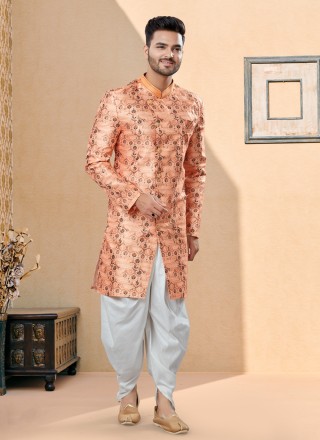 Jacquard Indo Western Sherwani in Peach
