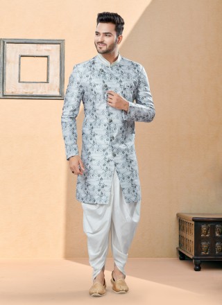 Jacquard Indo Western Sherwani in Silver