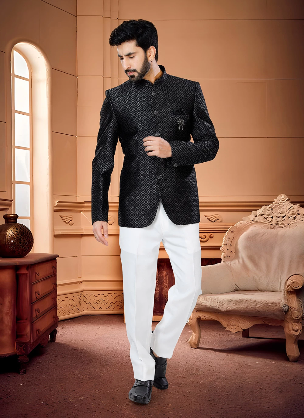Jacquard Jodhpuri Suit in Black
