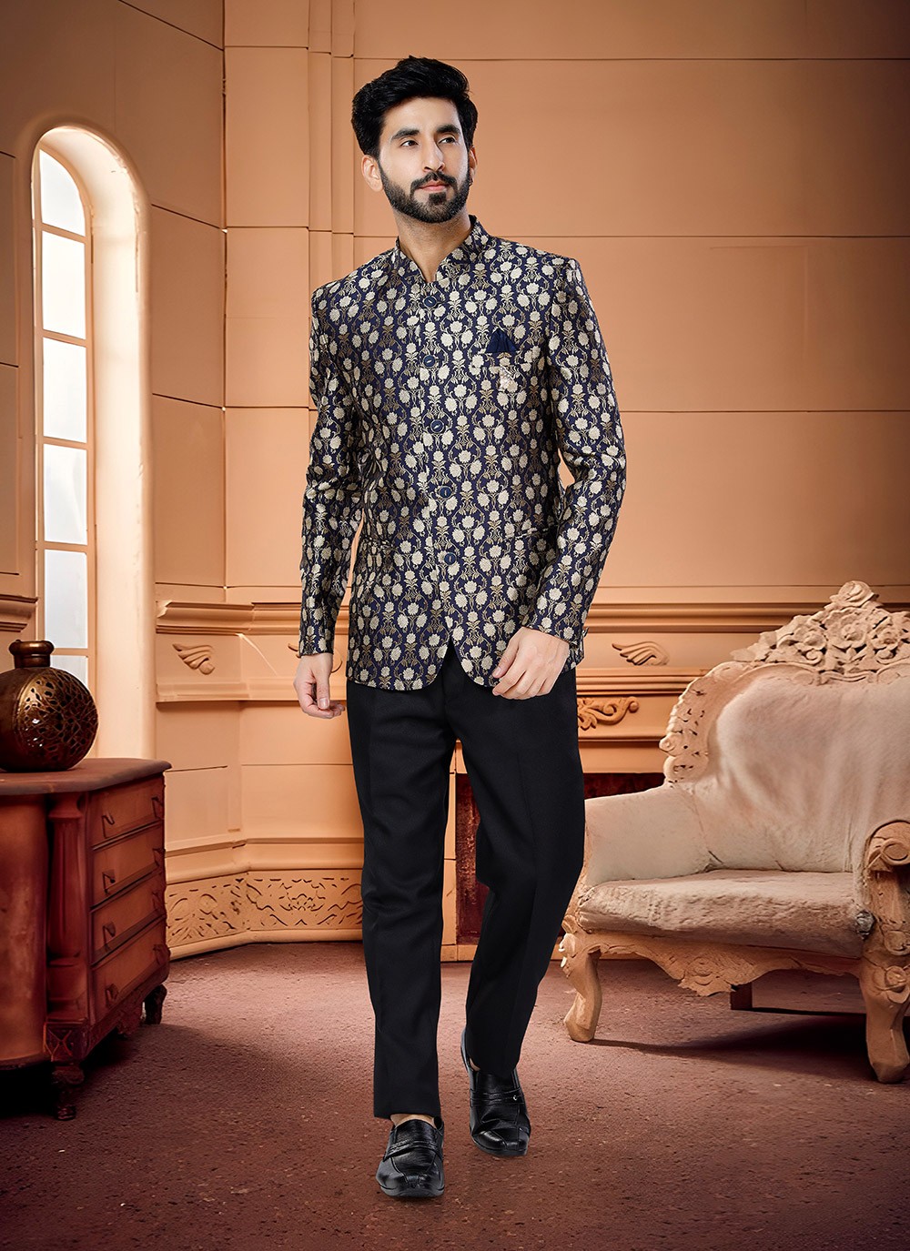 Black Mens Embroidered Designer Jodhpuri Suit