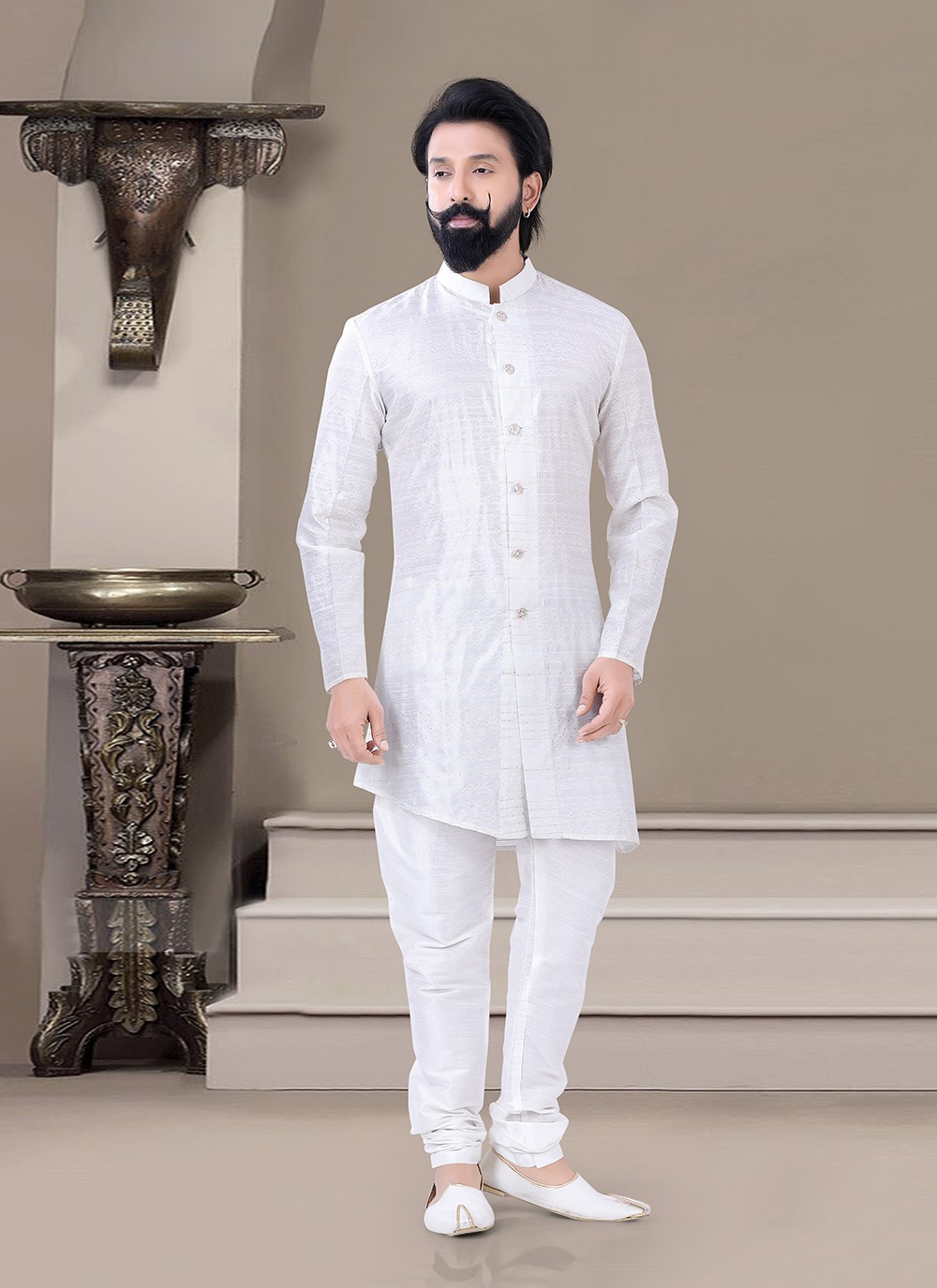 Shop Online Jacquard Plain Indo Western in White 232326 Mens