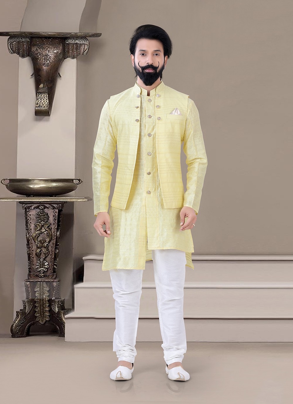 24 To 38) Yellow Designer Indo Western Palazzo Suit (Set Of 8 Pcs) Catalog