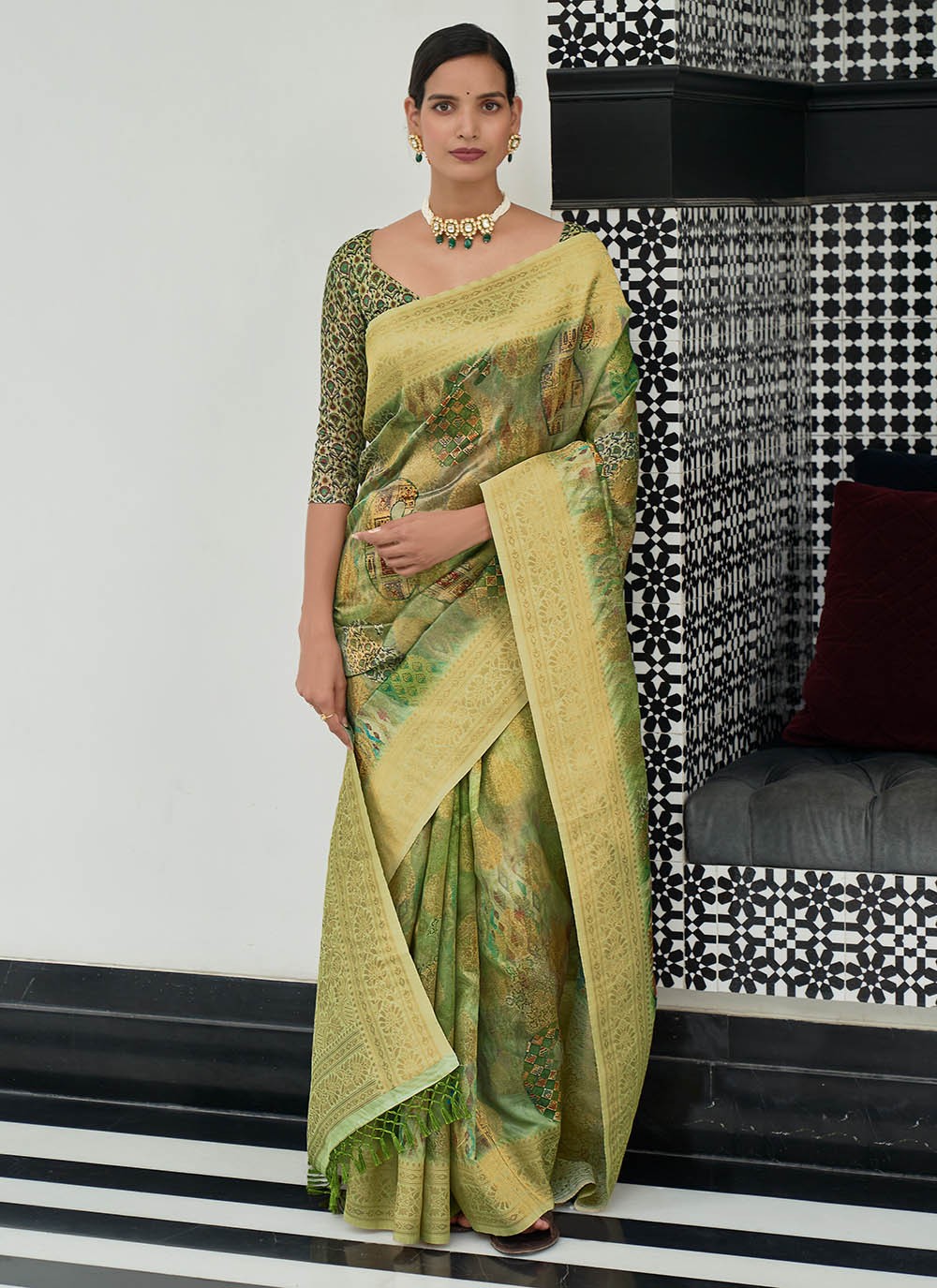 Jacquard Silk Digital Print Designer Traditional Saree in Green