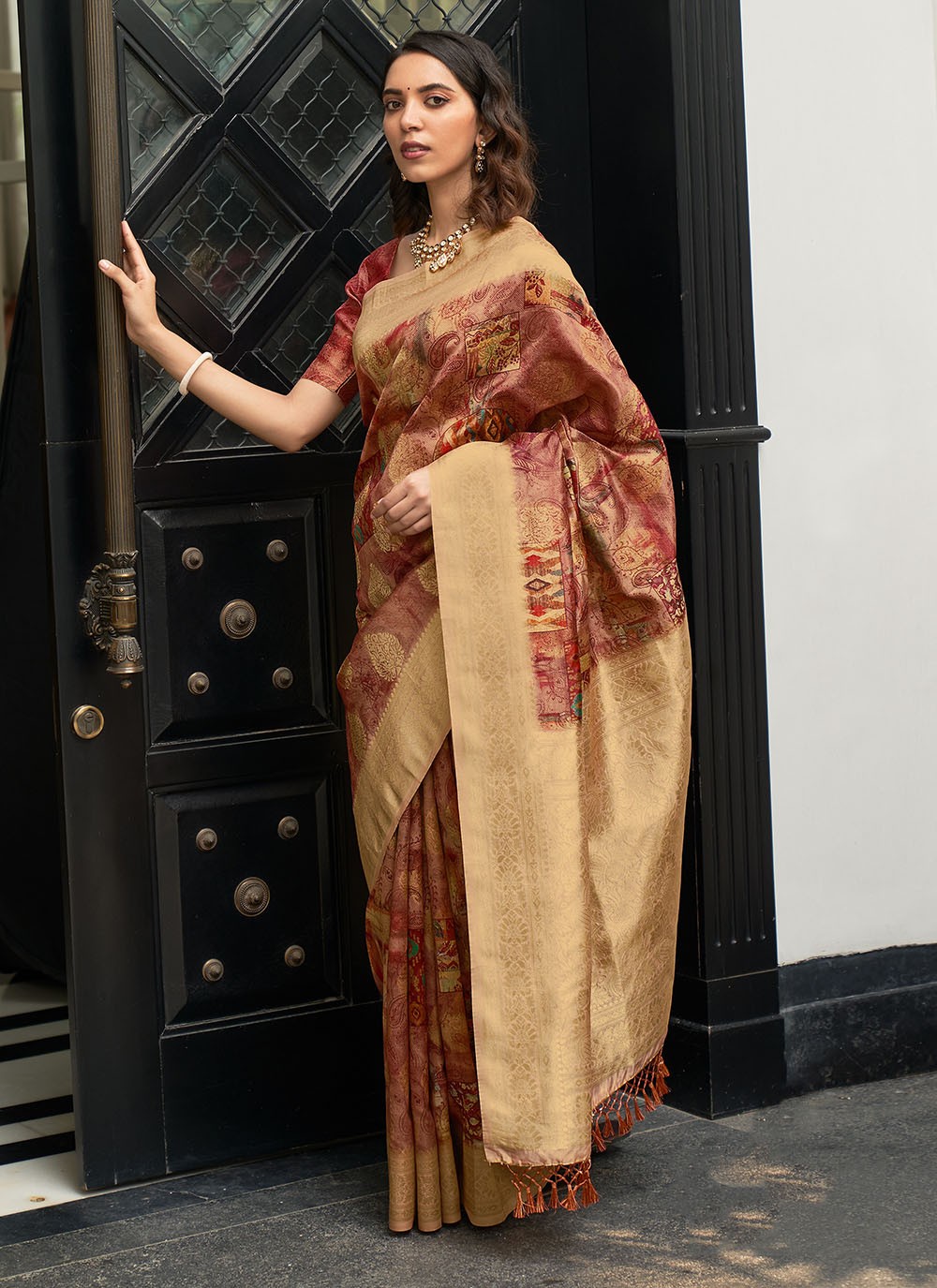 Jacquard Silk Digital Print Red Designer Traditional Saree
