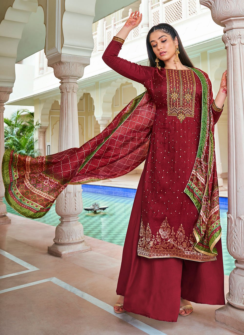 Jacquard Silk Embroidered Designer Pakistani Salwar Suit in Maroon