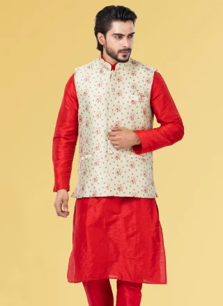 Jacquard Silk Embroidered Nehru Jackets in Cream