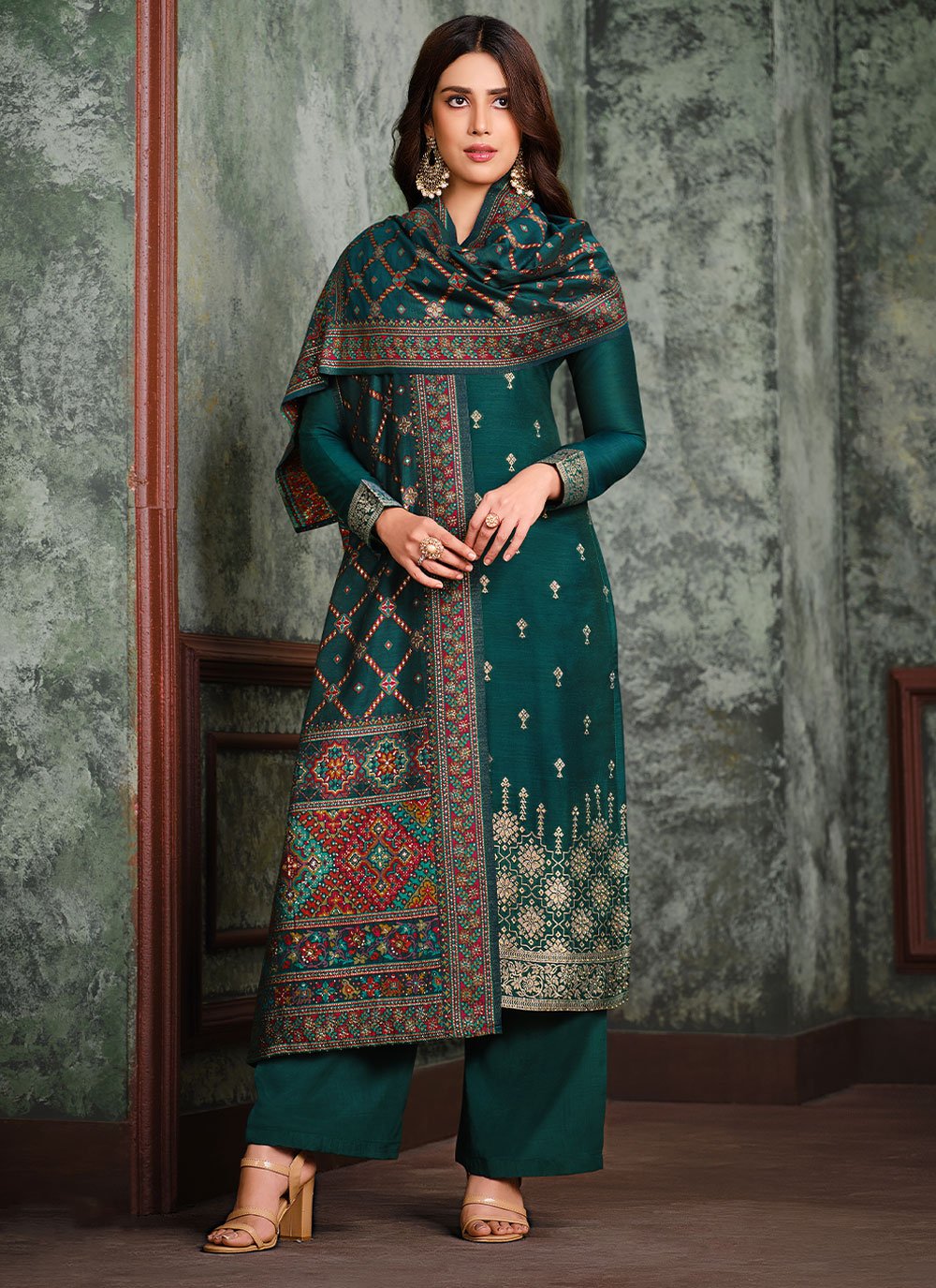 Jacquard Silk Green Swarovski Trendy Pakistani Salwar Kameez