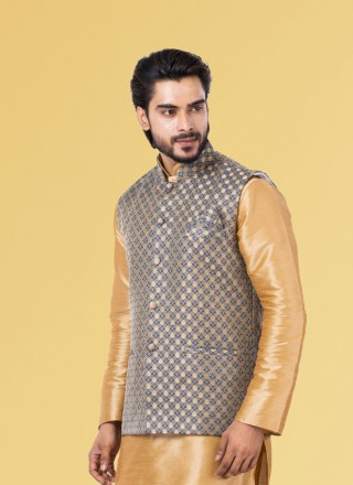 Jacquard Silk Grey Nehru Jackets