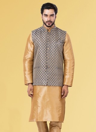 Jacquard Silk Grey Nehru Jackets