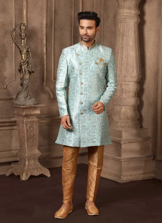 Jacquard Silk Jacquard Work Turquoise Indo Western