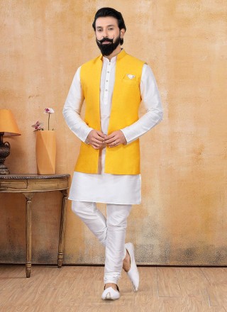 Jacquard Silk Mustard and Off White Fancy Kurta Payjama With Jacket