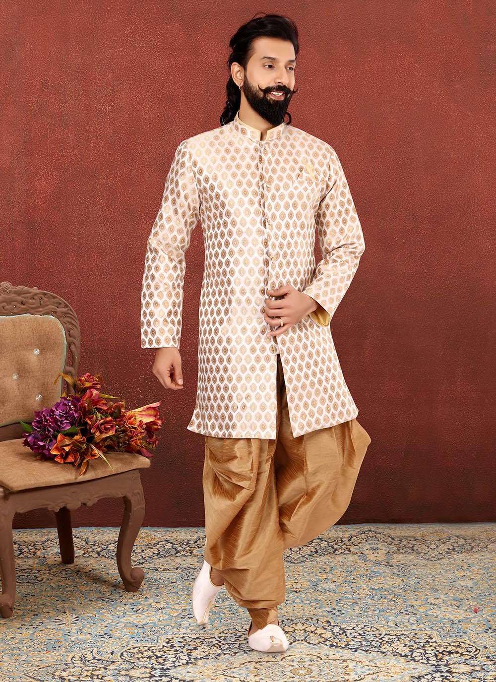 Shop Jacquard Silk Off White Indo Western Sherwani Online 214155