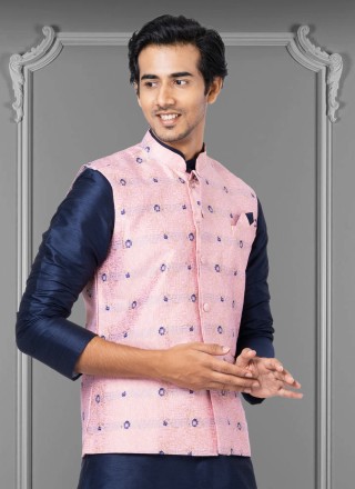 Jacquard Silk Pink Nehru Jackets